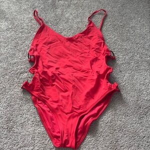 Aerie Size Large Red One Piece Bathing Suit with Scoop Back and Side Rings